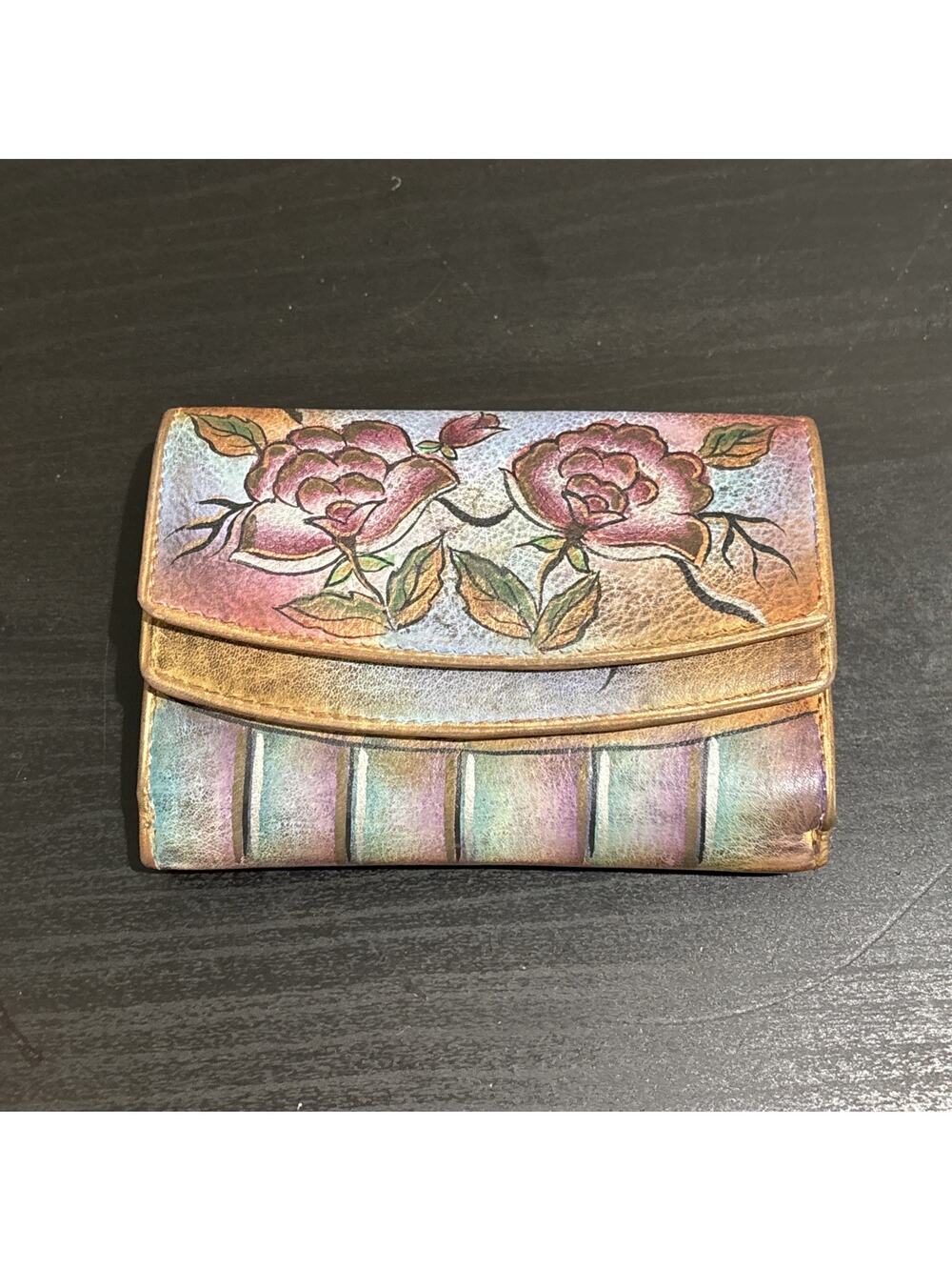 Sova Hand Painted Leather Tiered Wallet Organizer Crossbody Floral Snap Closure
